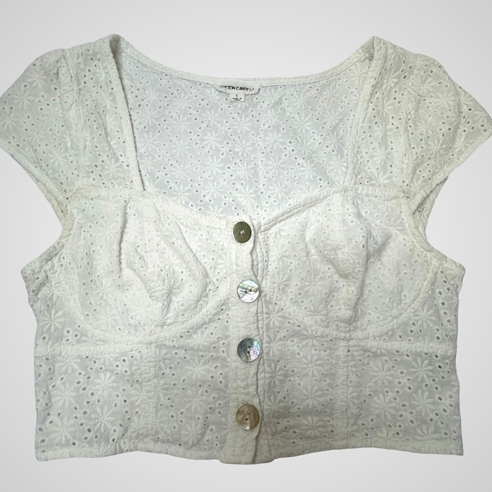 Cotton Candy LA White Eyelet Button Front Crop Top Small Floral Embroidery